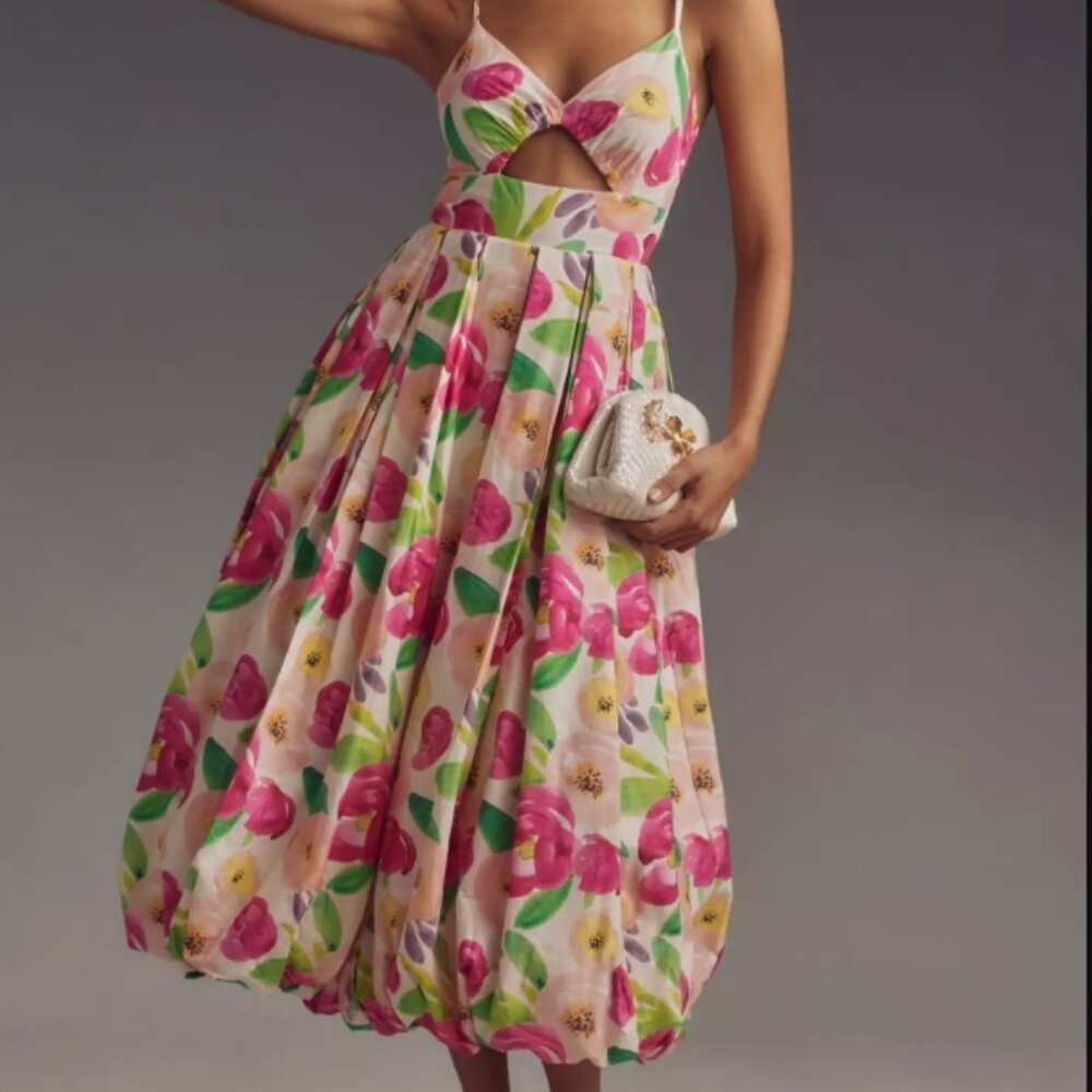 Floral Cutout Midi Dress in Pink and Green
